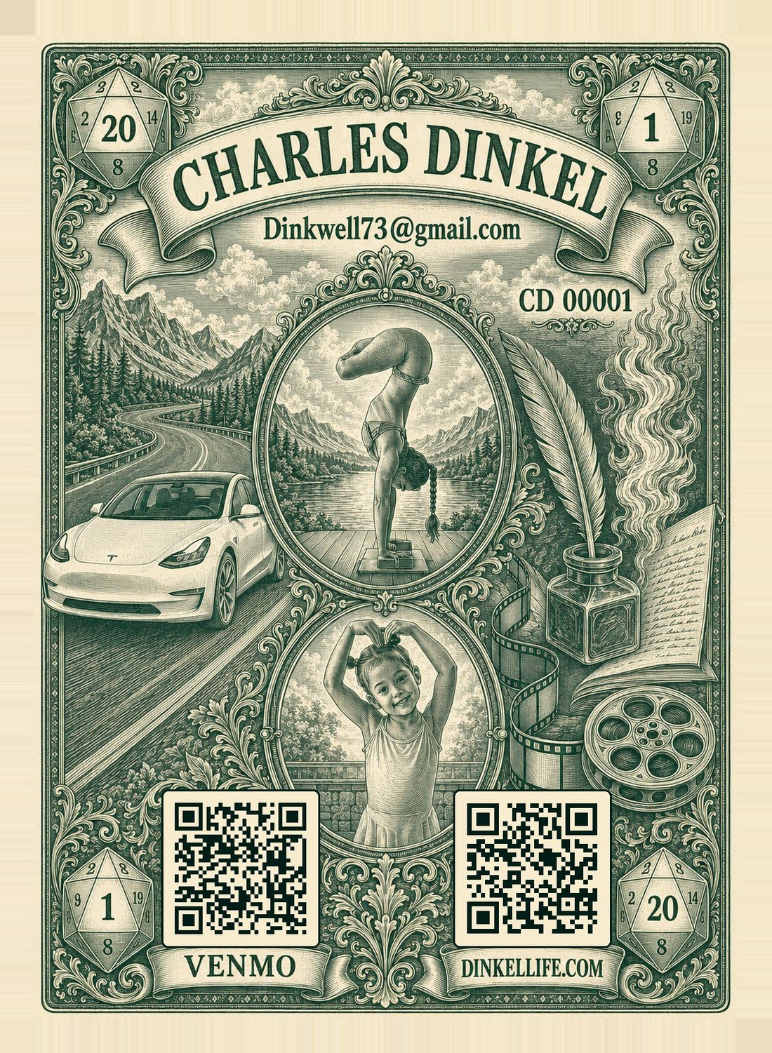 The engraved back of a Fortunes of the Road card — a white Tesla on a mountain road, a handstand, a dancing child, a quill, a film reel, and two QR seals.